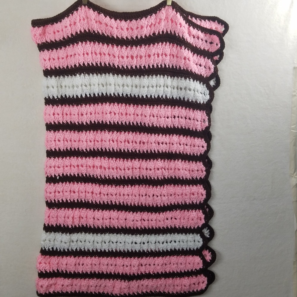 Handmade Crocheted Baby Blanket Pink Brown White Stripes Scalloped Edge